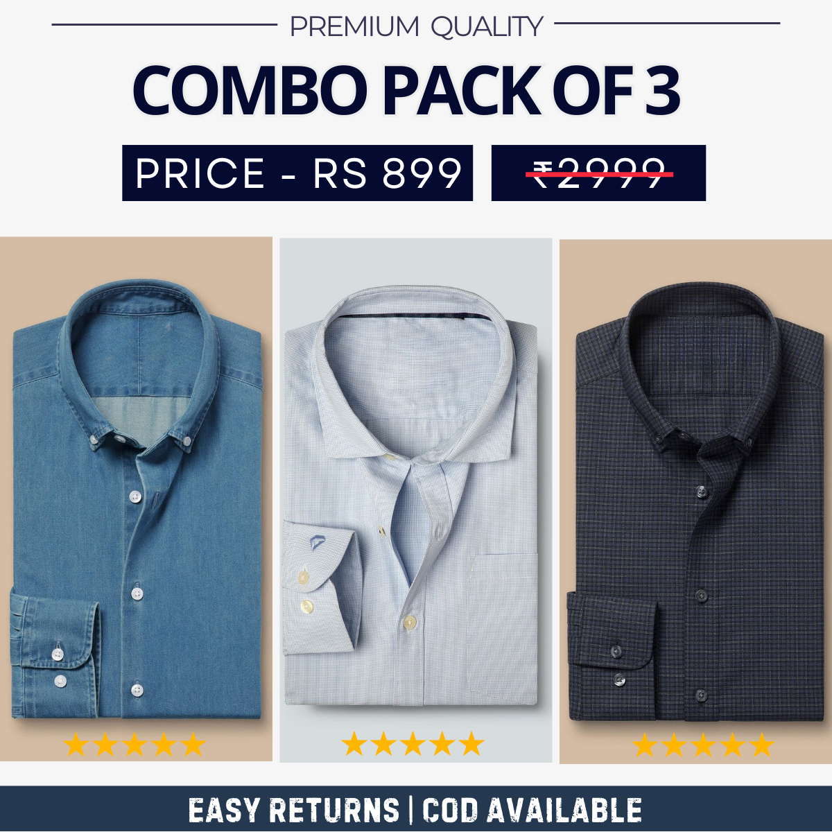 Combo Pack of 3 Men's Formal Shirts - Stylish & Versatile Collection