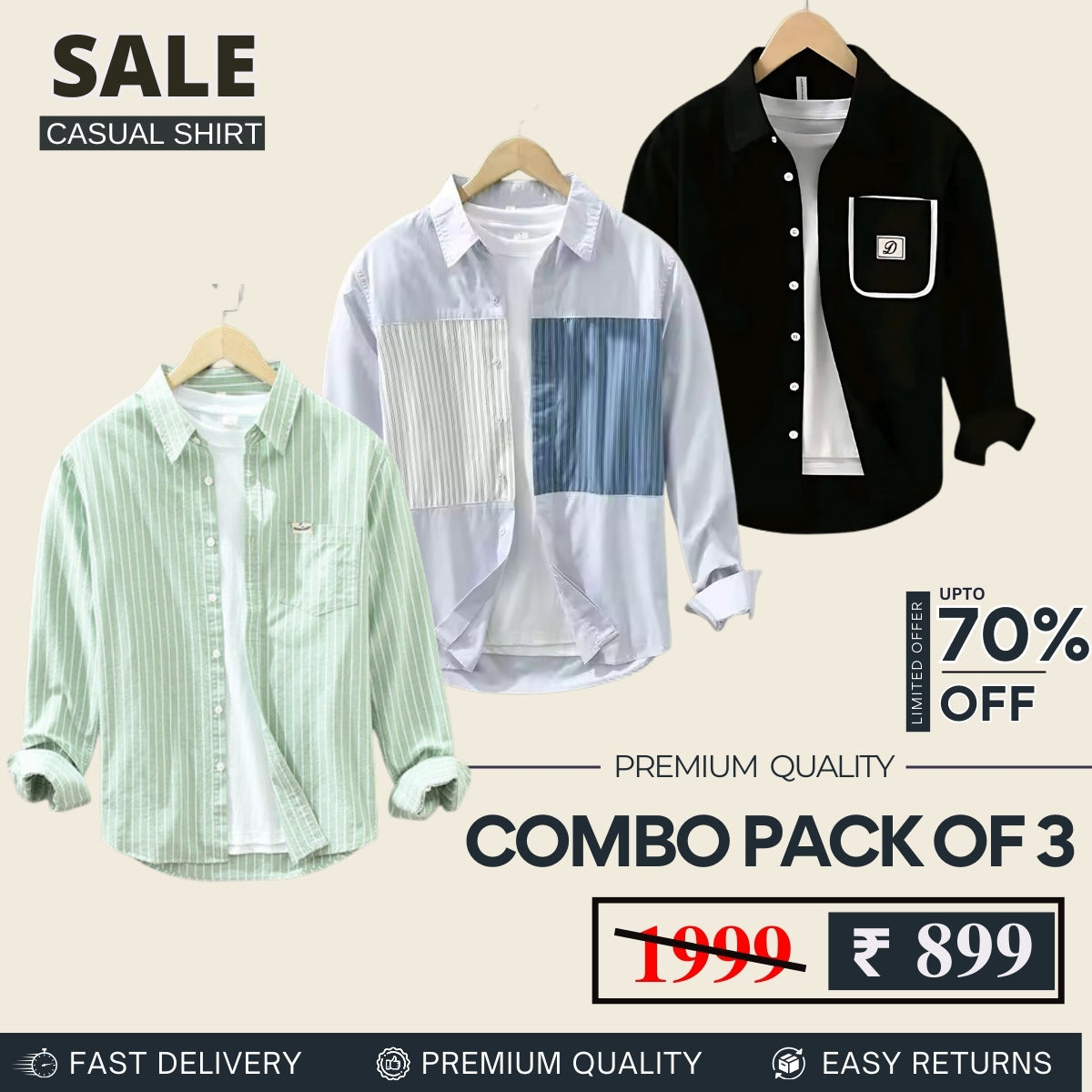 Combo Pack 3 Sets of Men's Casual Cotton Shirt -C13