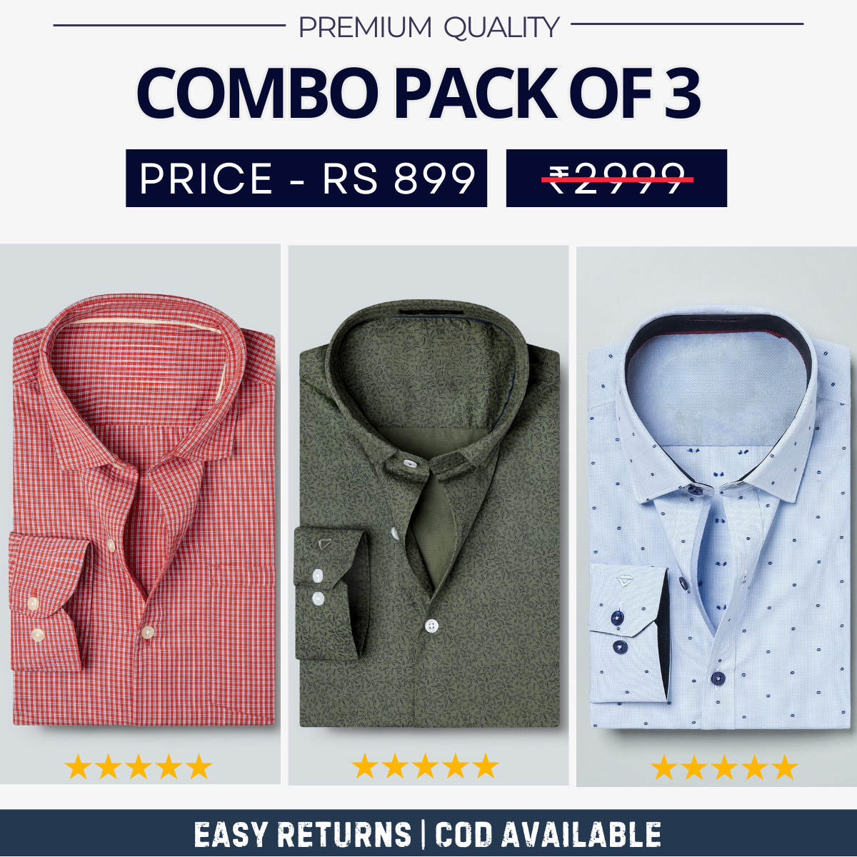 Combo Pack of 3 Men's Formal Shirts - Stylish & Versatile Collection