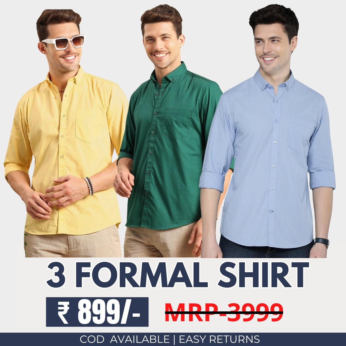 3 Cotton Formal Shirts with Full Sleeves and Pockets