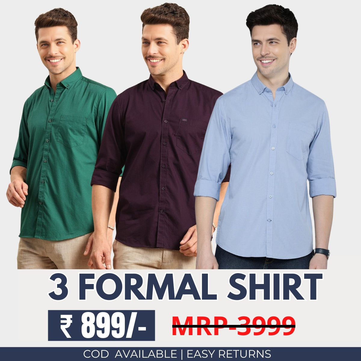 3 Cotton Formal Shirts with Full Sleeves and Pockets