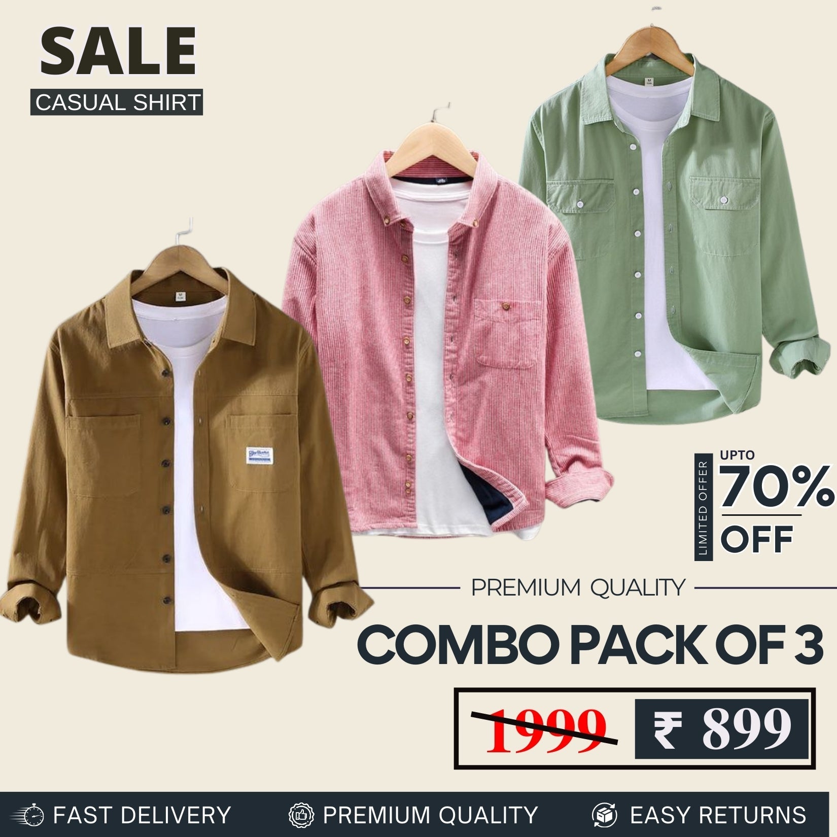 Combo Pack 3 Sets of Men's Casual Cotton Shirt