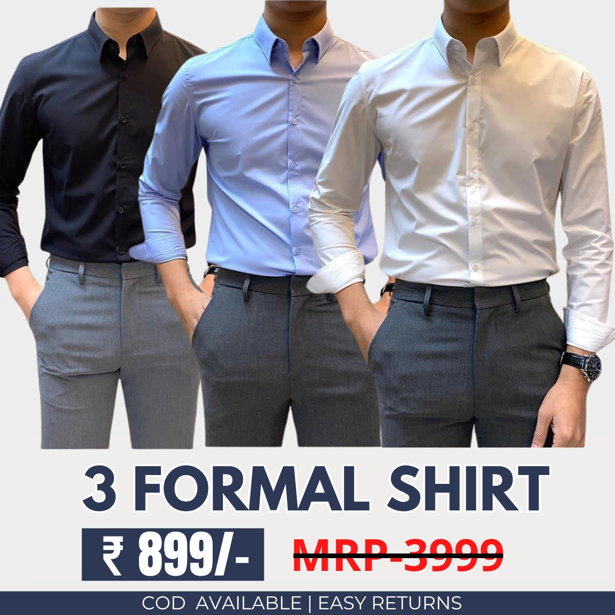 3 Cotton Formal Shirts with Full Sleeves and Pockets