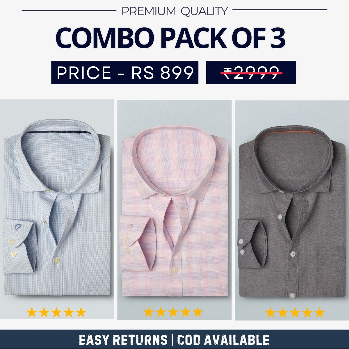 Combo Pack of 3 Men's Formal Shirts - Stylish & Versatile Collection