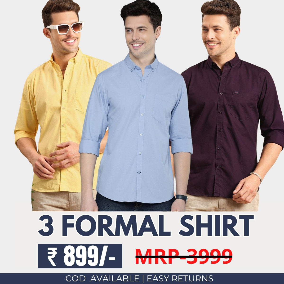 3 Cotton Formal Shirts with Full Sleeves and Pockets