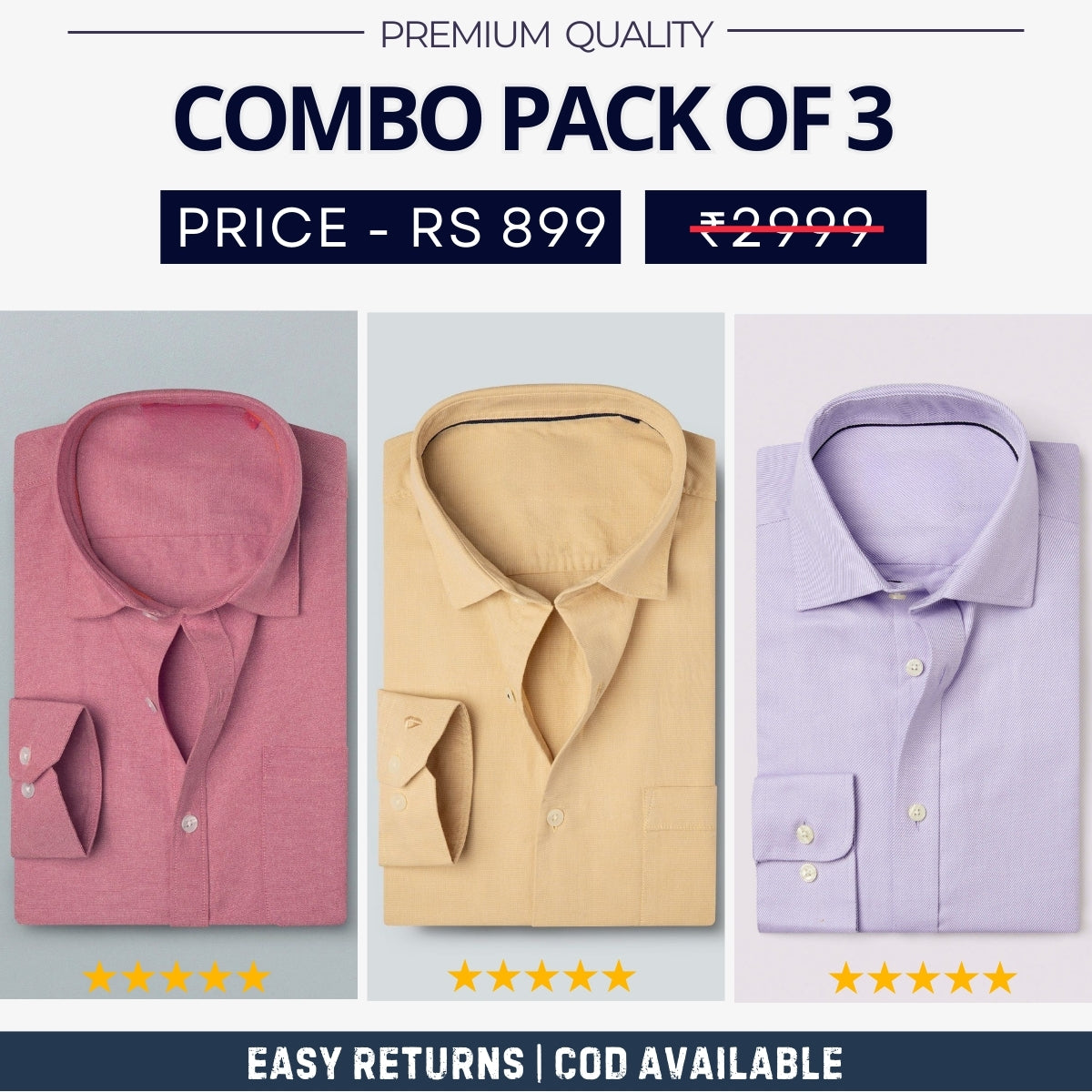 Combo Pack of 3 Men's Formal Shirts - Stylish & Versatile Collection