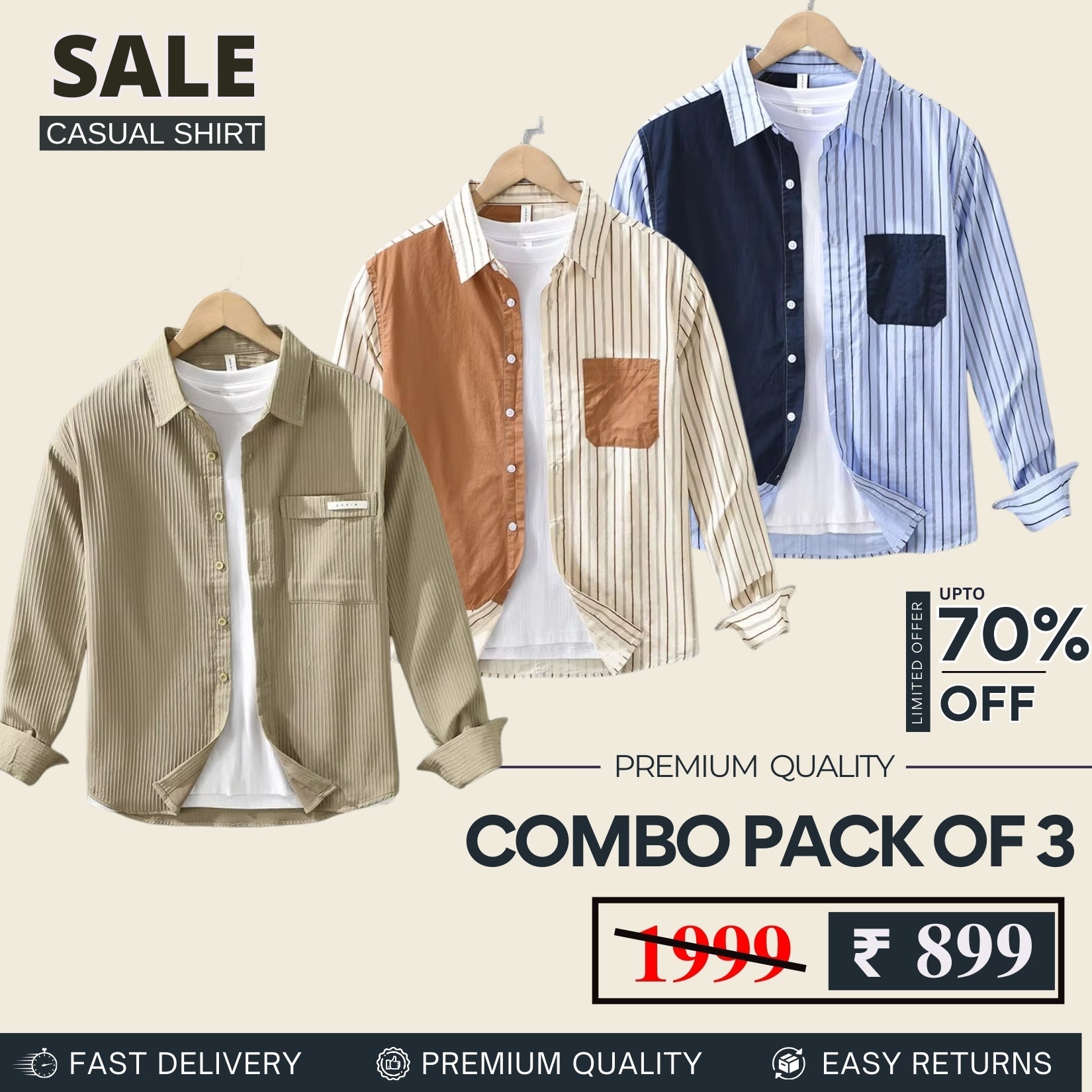 Combo Pack 3 Sets of Men's Casual Cotton Shirt