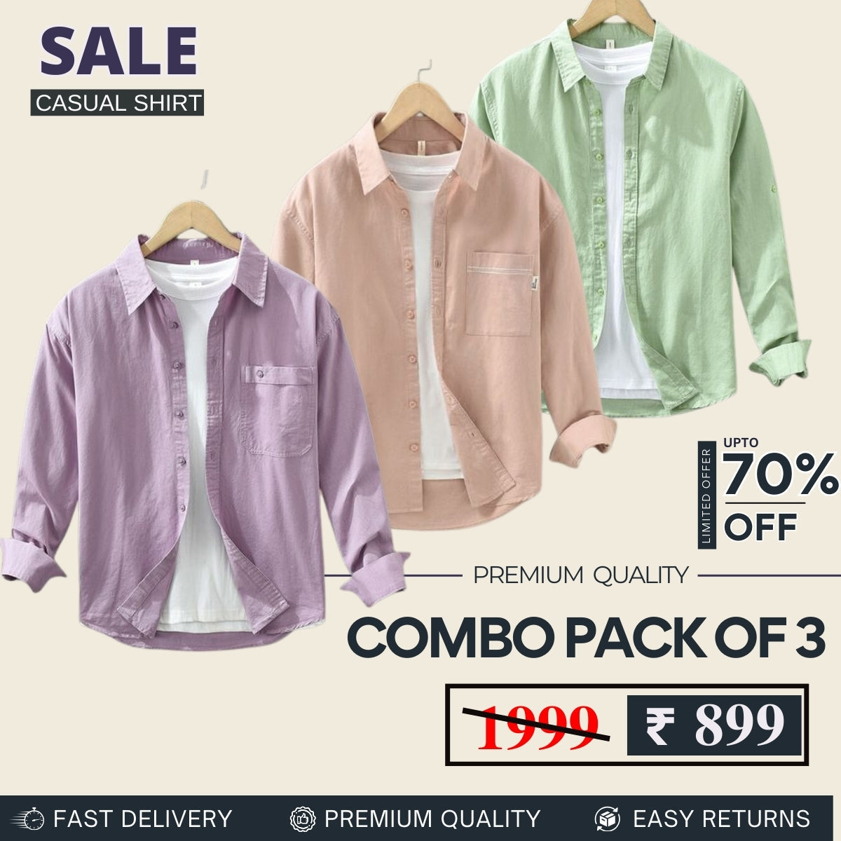 Combo Pack 3 Sets of Men's Casual Cotton Shirt -C01