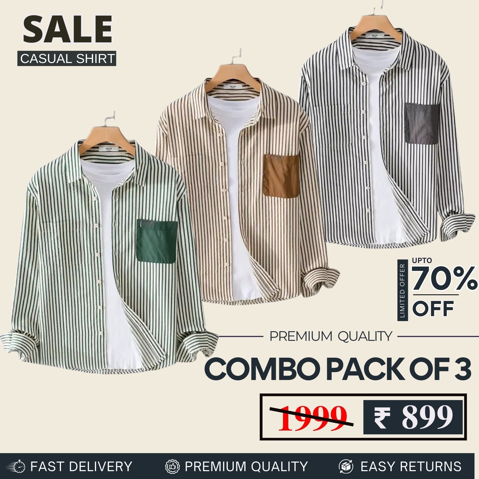 Combo Pack 3 Sets of Men's Casual Cotton Shirt