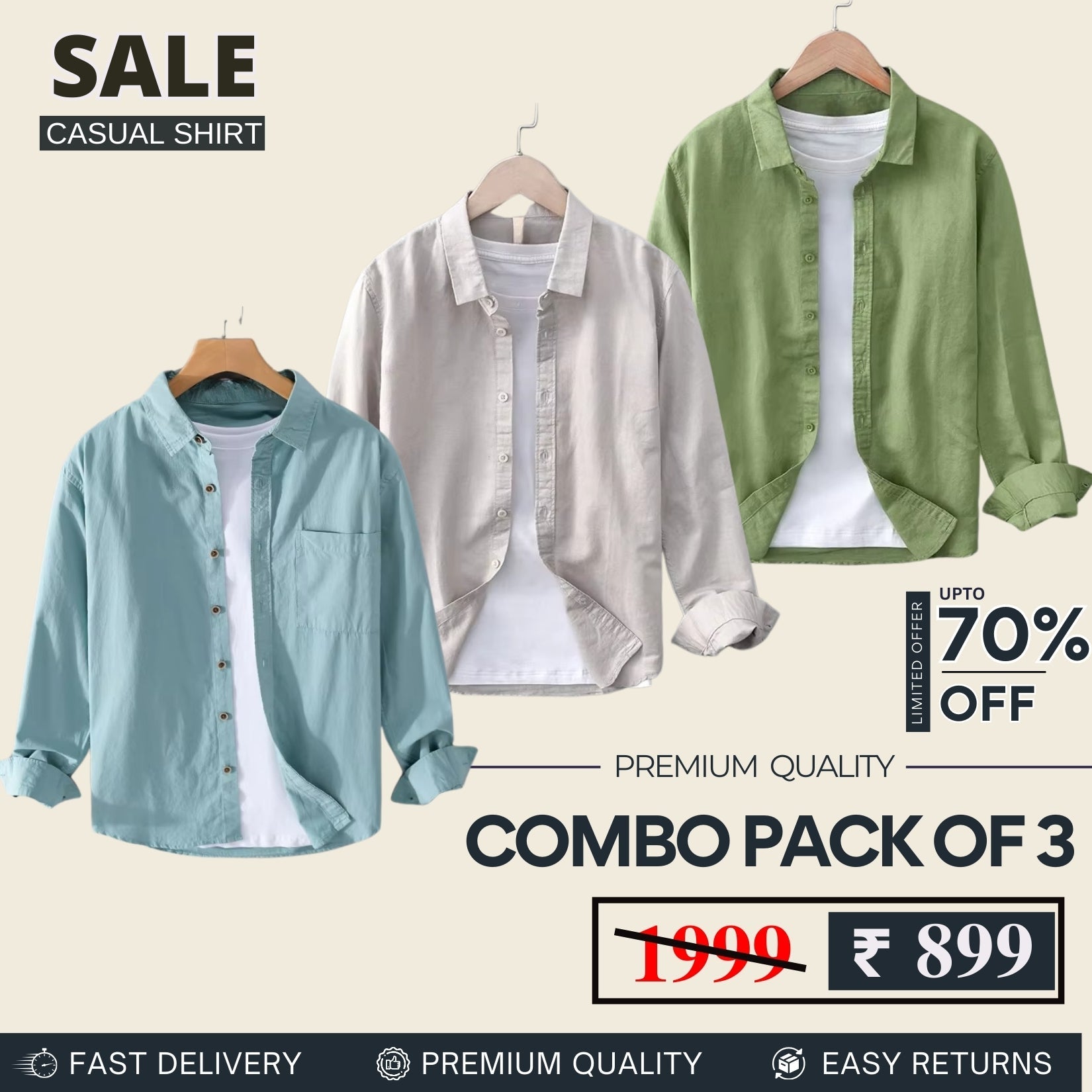 Combo Pack 3 Sets of Men's Casual Cotton Shirt