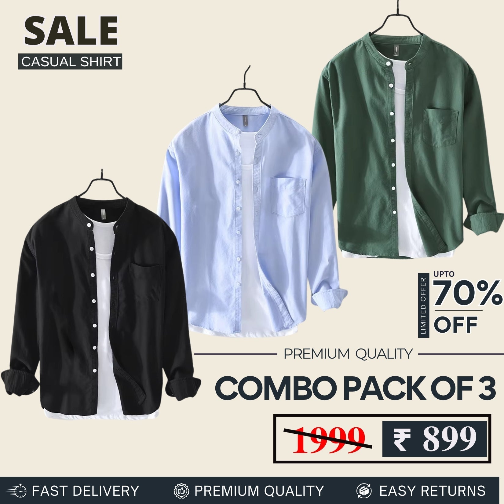 Combo Pack 3 Sets of Men's Casual Cotton Shirt