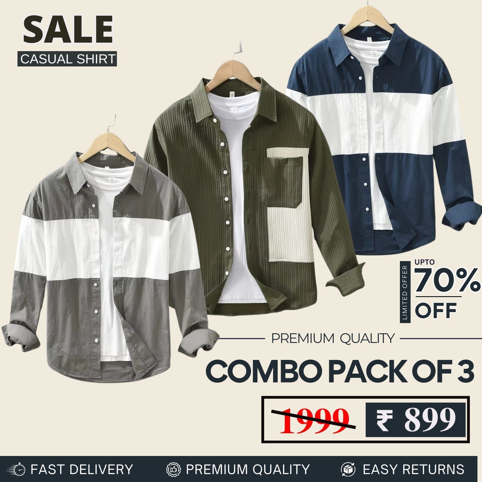 Combo Pack 3 Sets of Men's Casual Cotton Shirt