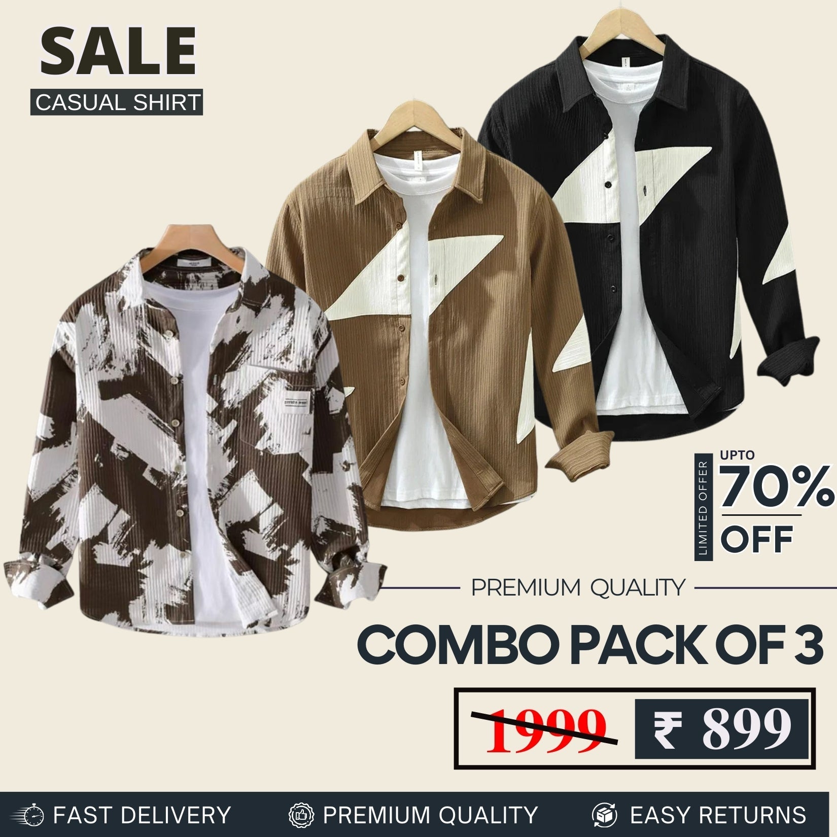 Combo Pack 3 Sets of Men's Casual Cotton Shirt