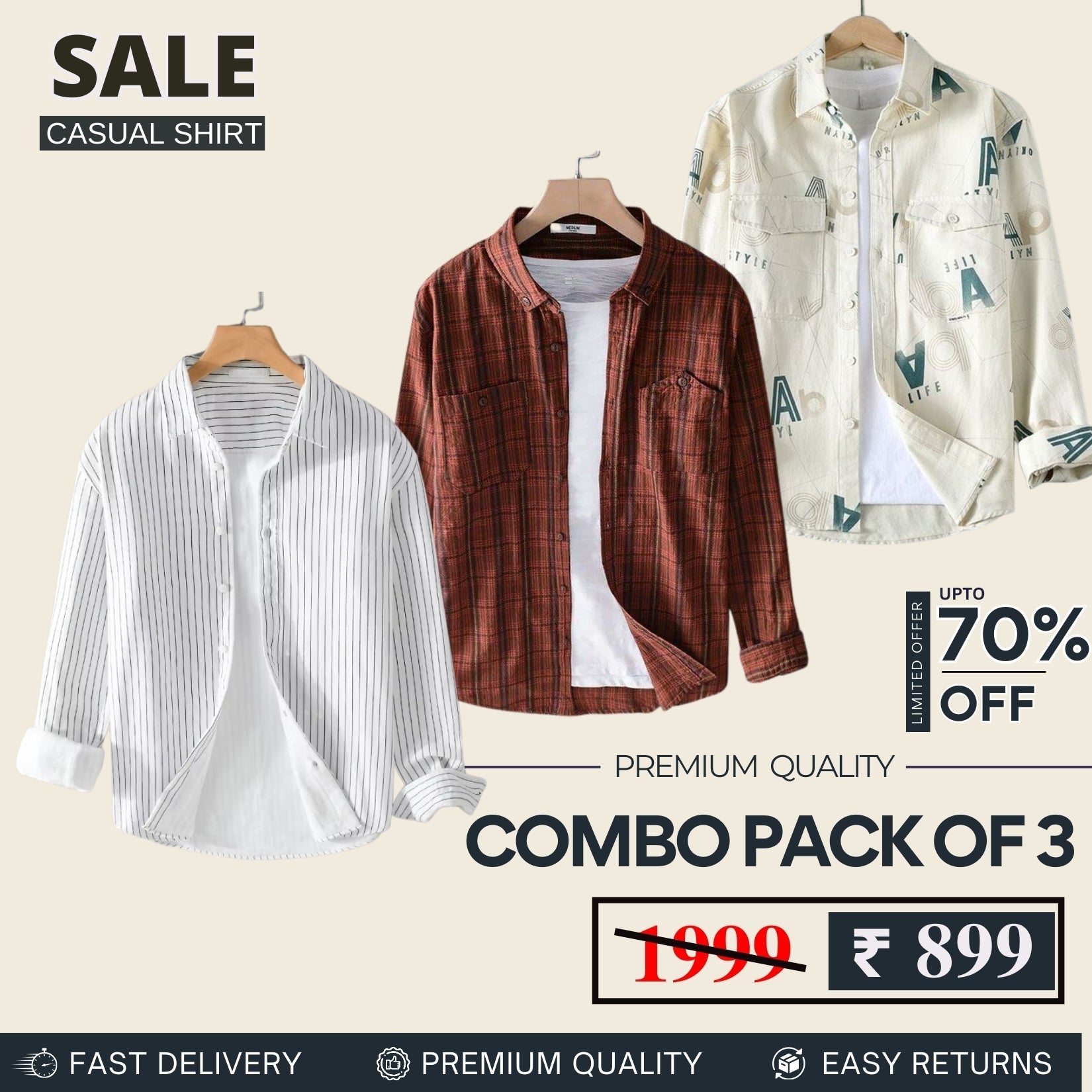 Combo Pack 3 Sets of Men's Casual Cotton Shirt