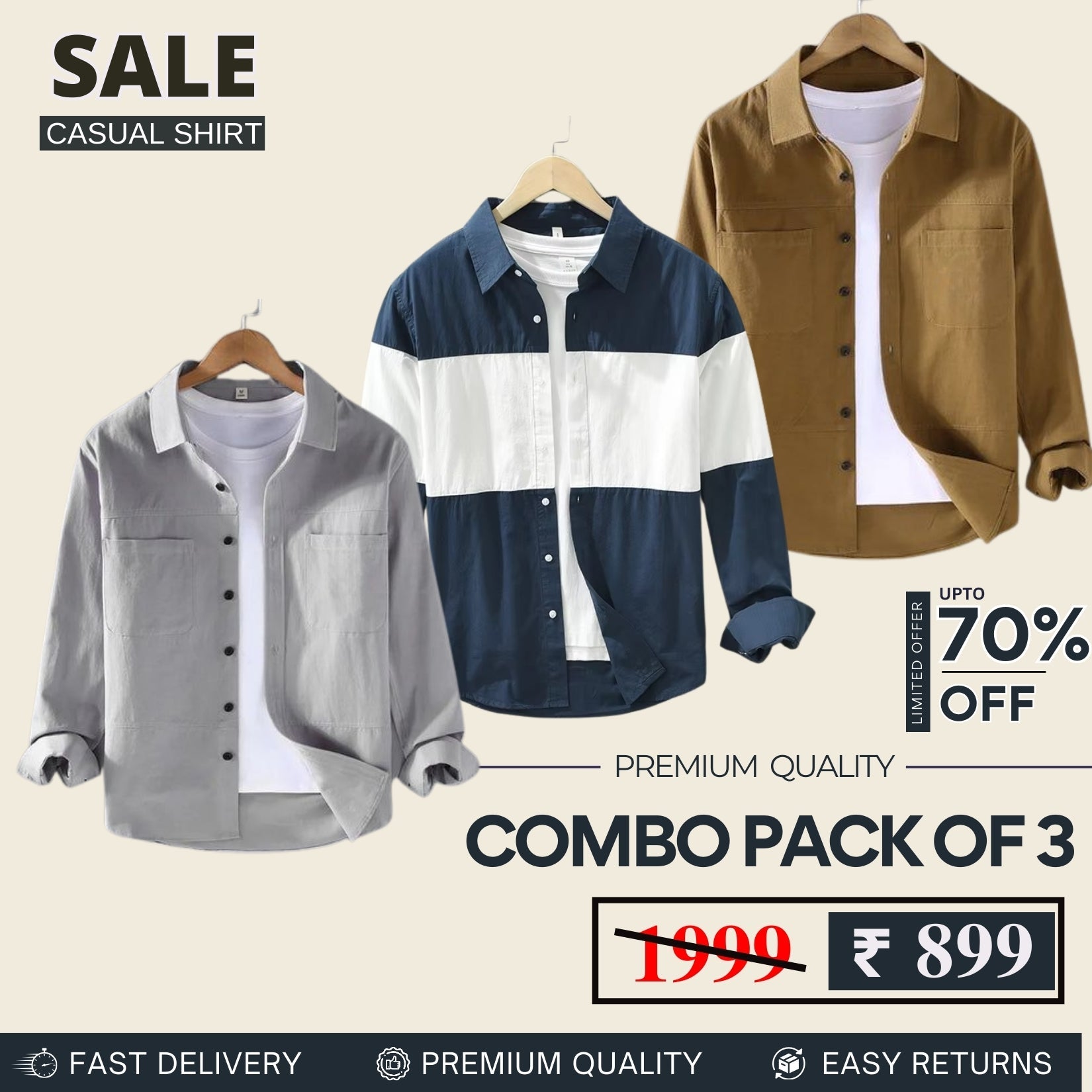 Combo Pack 3 Sets of Men's Casual Cotton Shirt