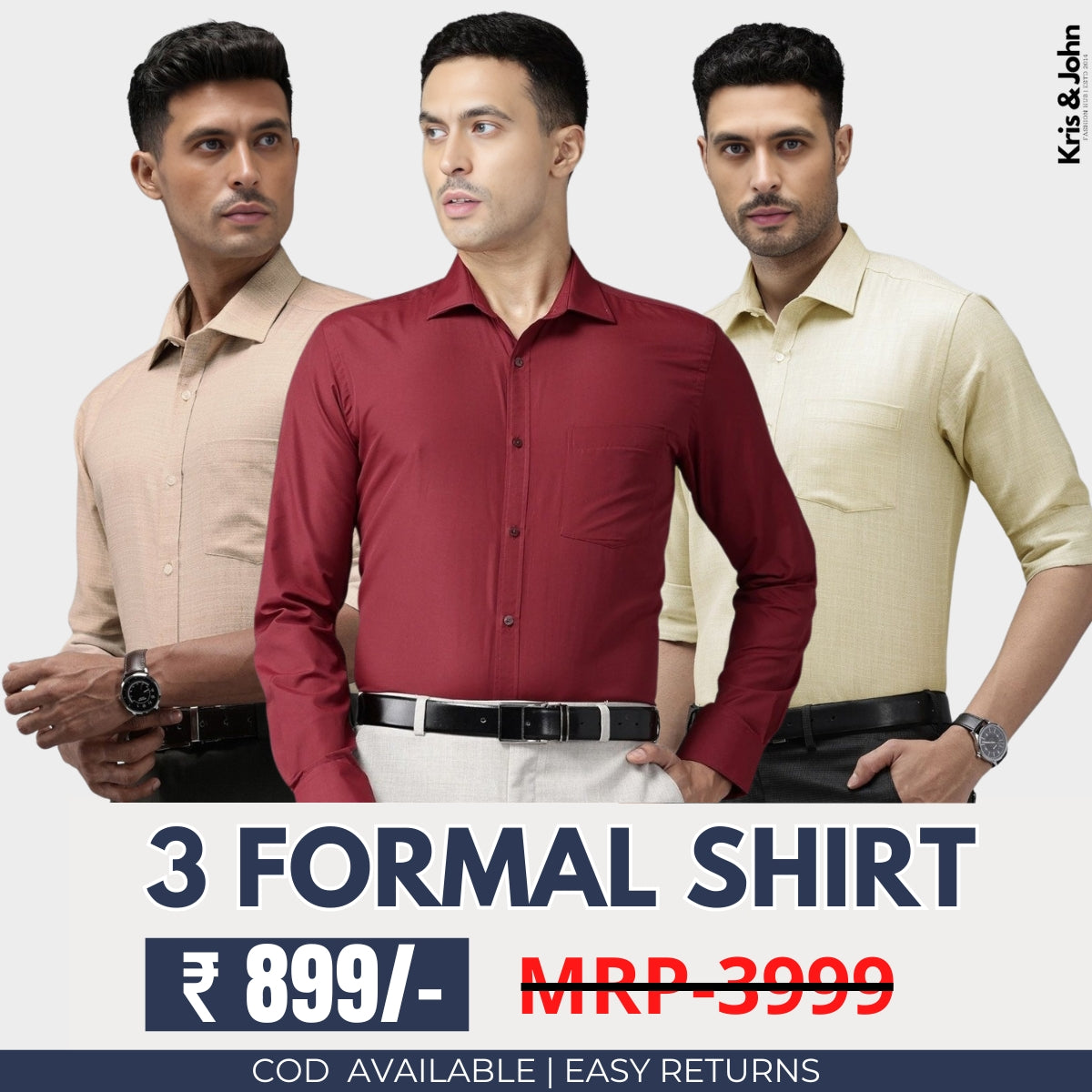 3 Cotton Formal Shirts with Full Sleeves and Pockets