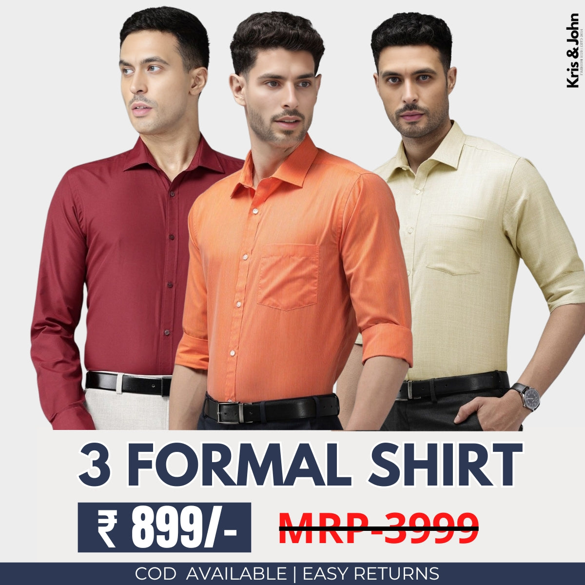 3 Cotton Formal Shirts with Full Sleeves and Pockets