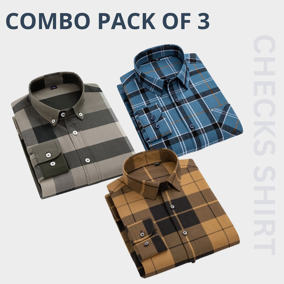 Check 100% Cotton Full Sleeves Men's Premium Shirts- Pack of 3