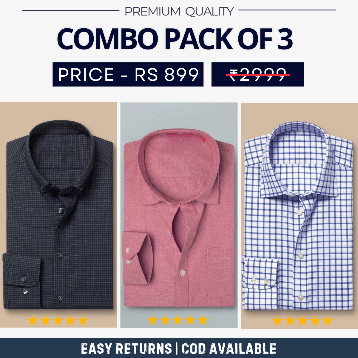 Combo Pack of 3 Men's Formal Shirts - Stylish & Versatile Collection