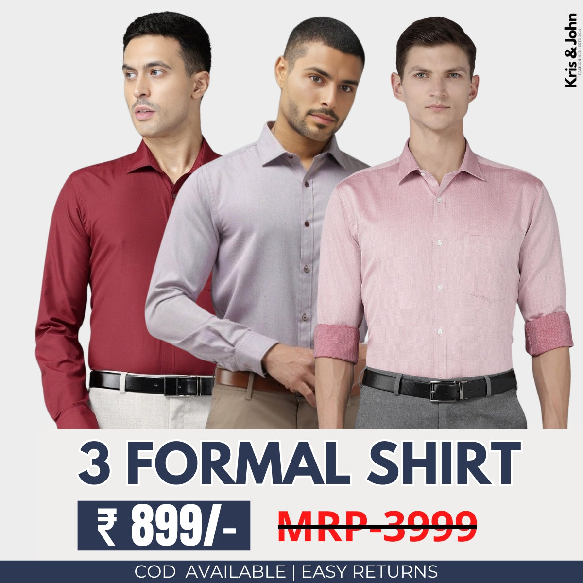 3 Cotton Formal Shirts with Full Sleeves and Pockets