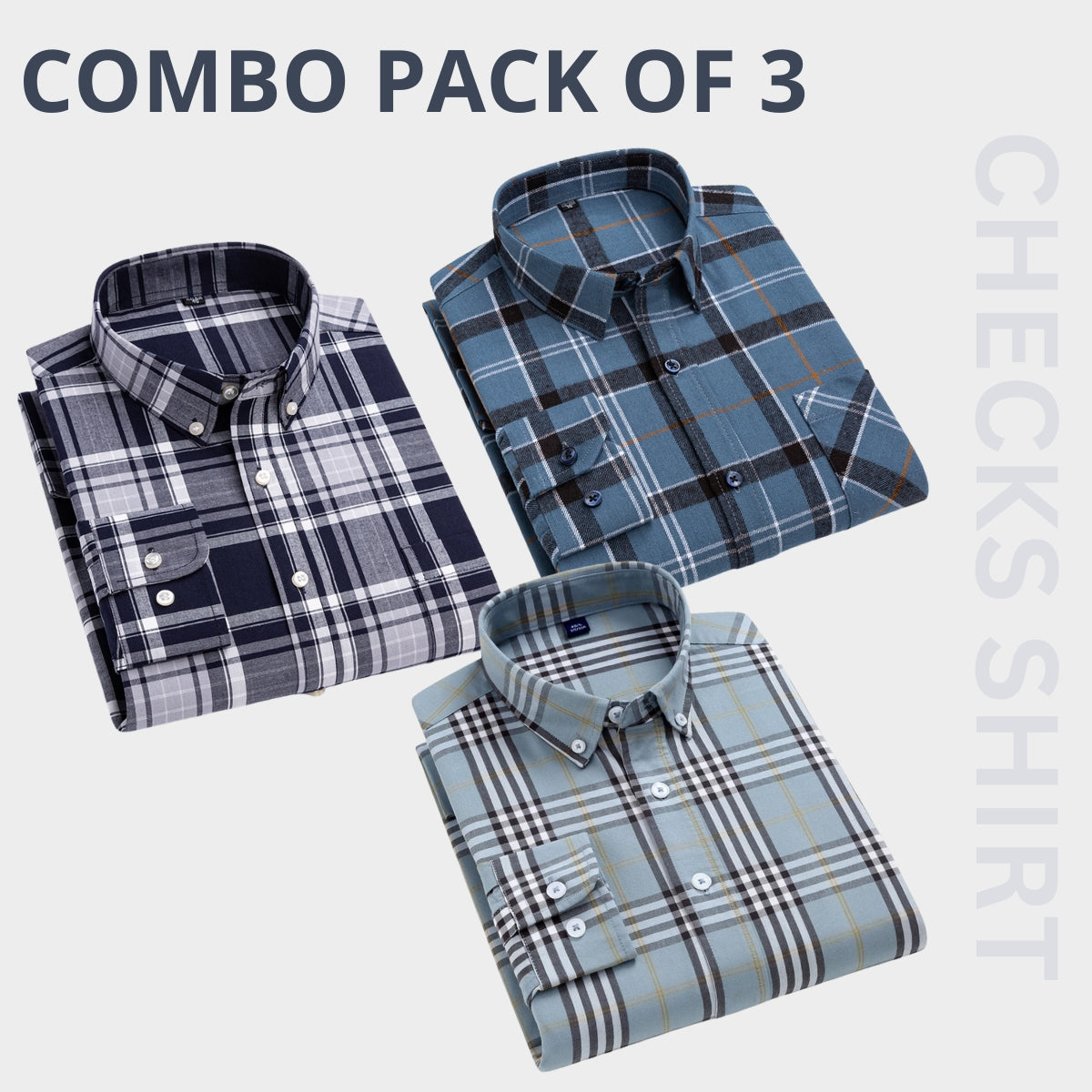 Check 100% Cotton Full Sleeves Men's Premium Shirts- Pack of 3