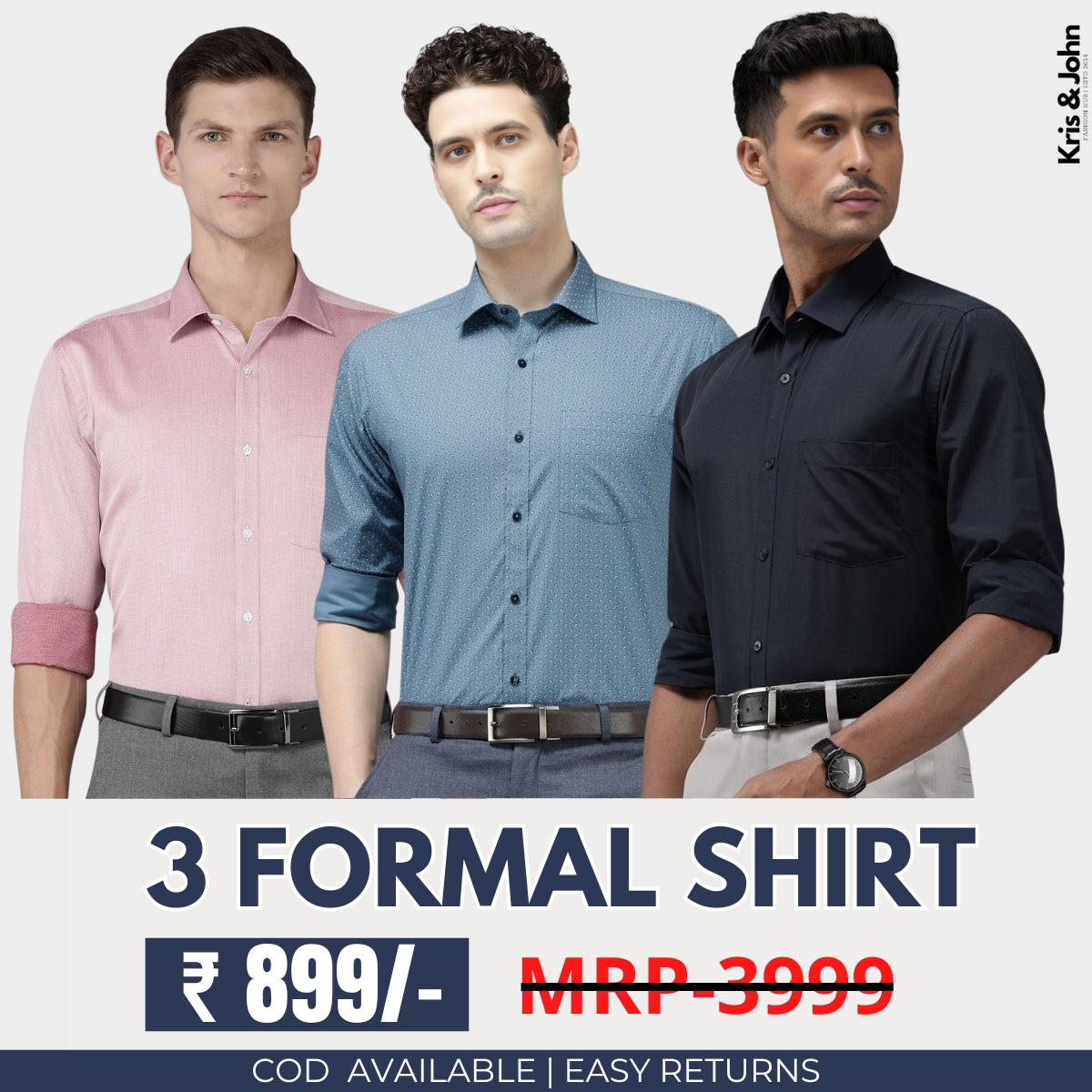 3 Cotton Formal Shirts with Full Sleeves and Pockets