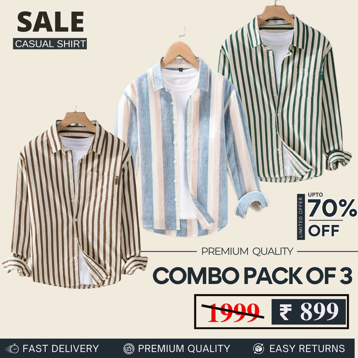 Combo Pack 3 Sets of Men's Casual Cotton Shirt -C06