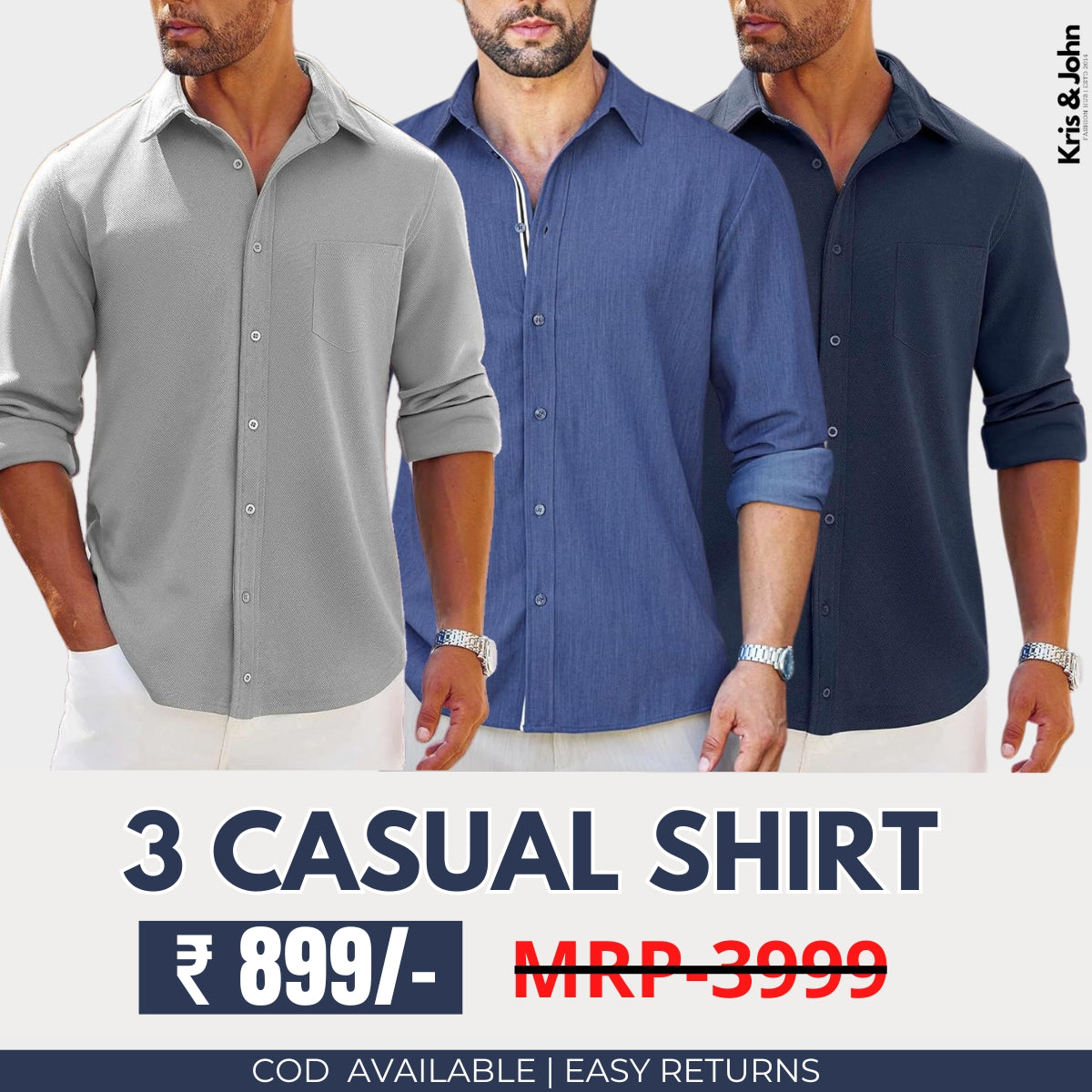 Triple the Style: Men's Cotton Casual Shirts - Pack of 3