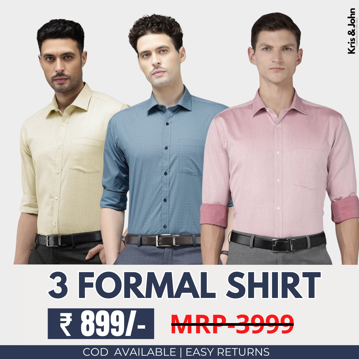 3 Cotton Formal Shirts with Full Sleeves and Pockets