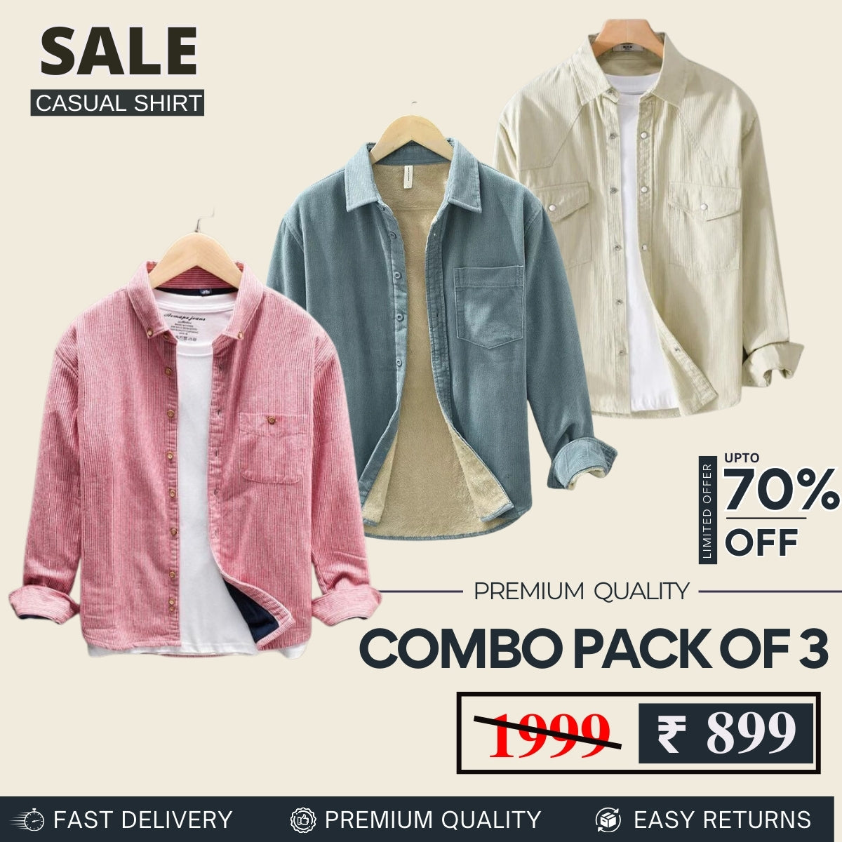 Combo Pack 3 Sets of Men's Casual Cotton Shirt -C08