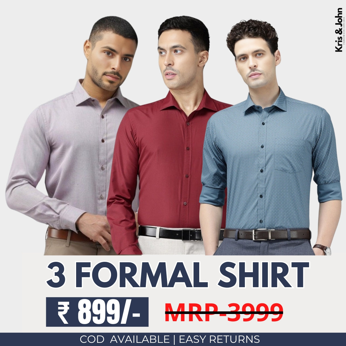 3 Cotton Formal Shirts with Full Sleeves and Pockets