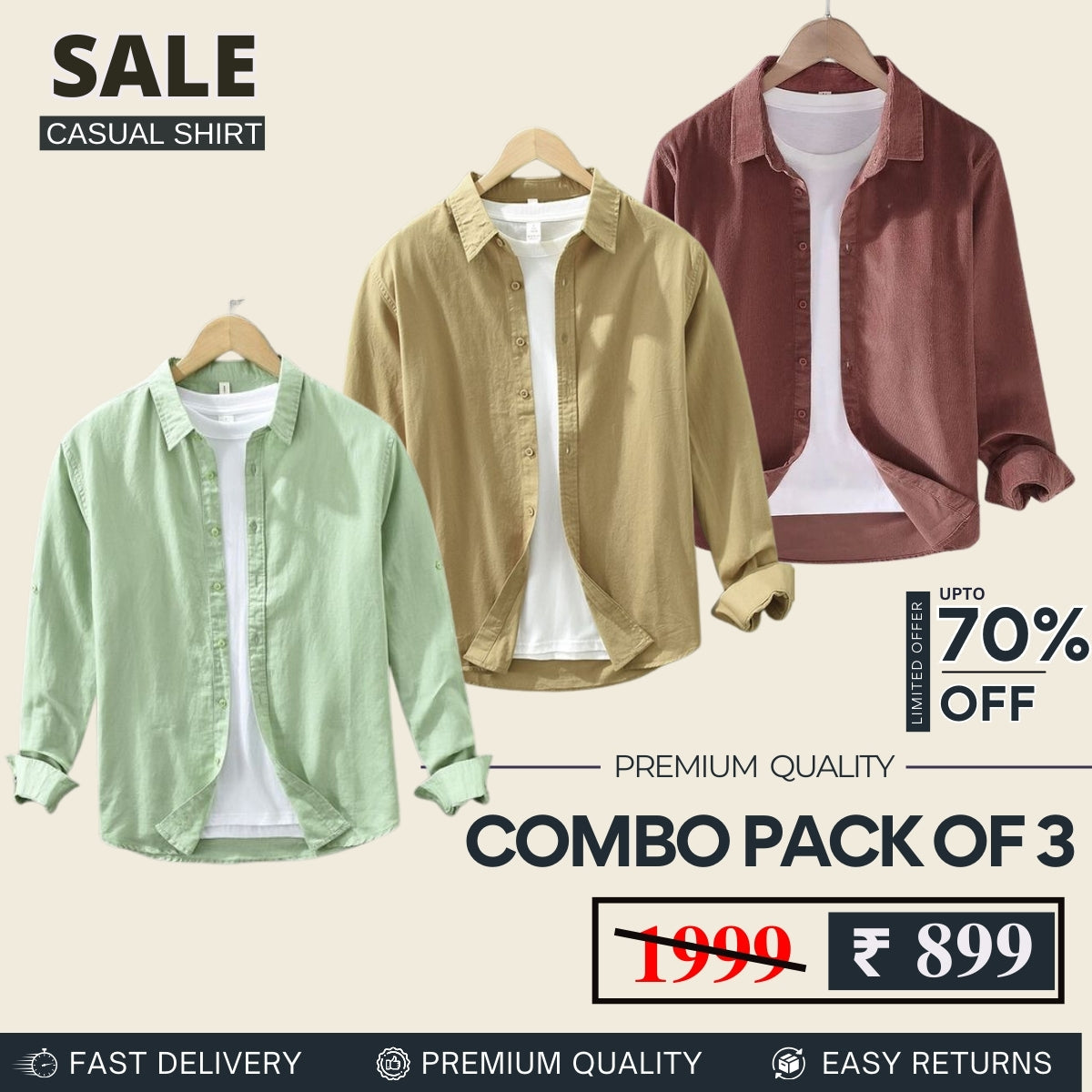 Combo Pack 3 Sets of Men's Casual Cotton Shirt -C09