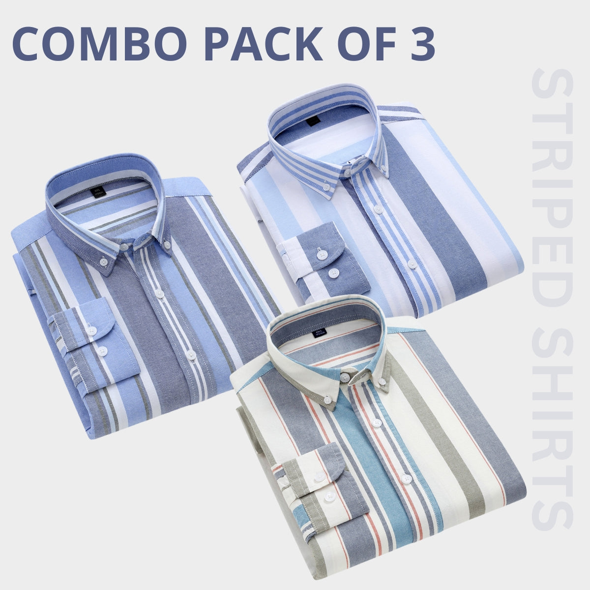 100 % Cotton Full Sleeves Men's Premium Striped Shirts- Pack of 3